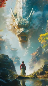 Human figure facing large dragon in misty mountain valley.