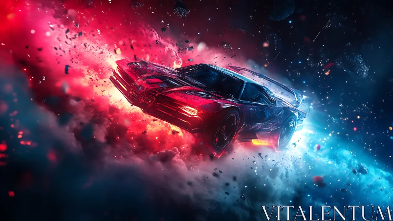 Aerodynamic cyber car drifts through nebula dust and debris fields