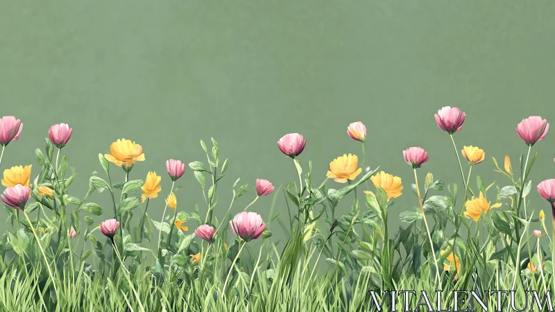 Spring Garden Meadow with Pink and Yellow Carnations Against Muted Green Background.