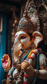 Ganesh idol glows under warm temple light, jeweled crown