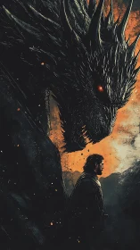 Lone cloaked figure beneath looming dragon silhouette.