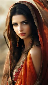 Intense desert gaze of woman in flowing saffron veil.