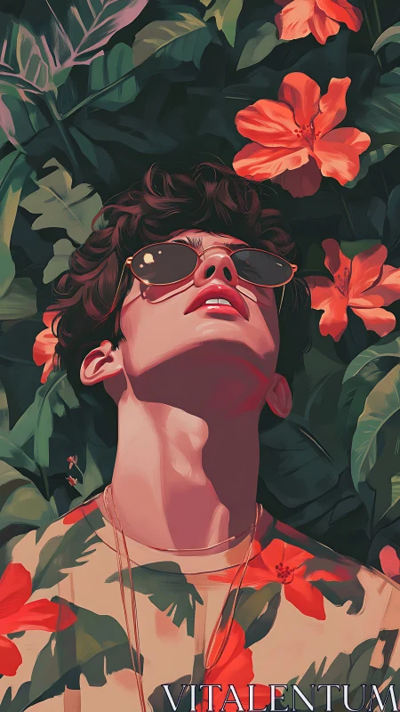 Figure in sunglasses amid large tropical leaves and flowers.