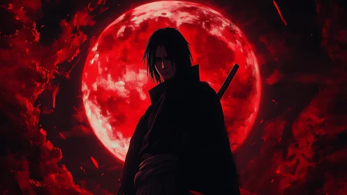 Dark swordsman stands before burning crimson moon sky