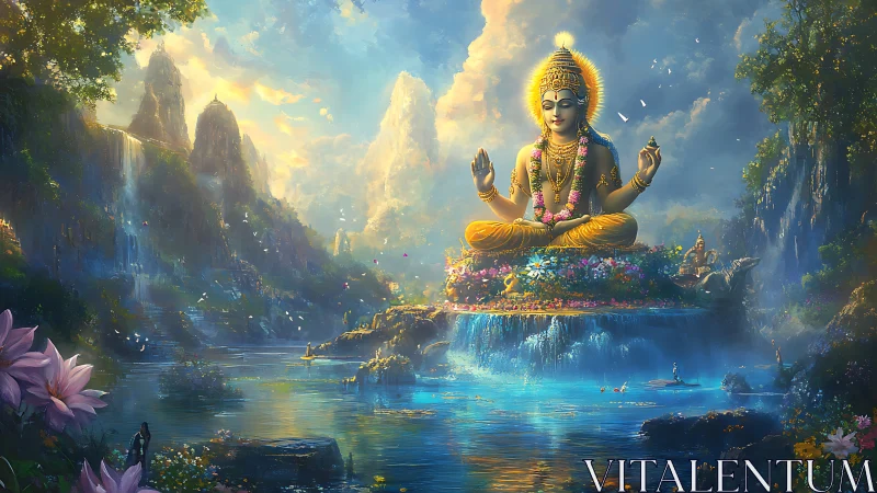 Radiant river deity on floating lotus isle at dawn.