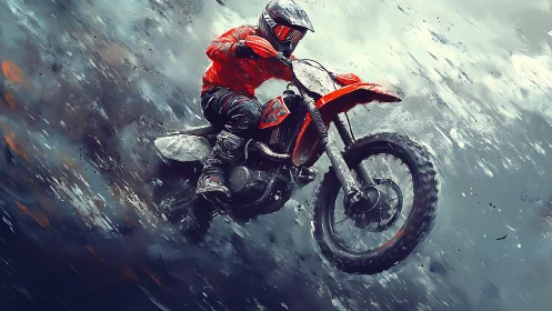 Motocross rider on red dirt bike in dynamic rain scene.