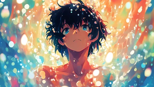 Anime boy under glowing bokeh shower in vivid light storm.