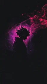Silhouetted spiky haired figure amid pink energy plume.