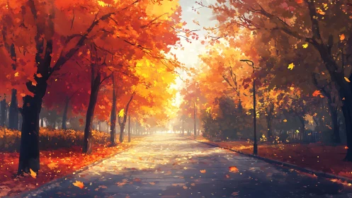 Tree-lined urban pathway displays dense autumn foliage