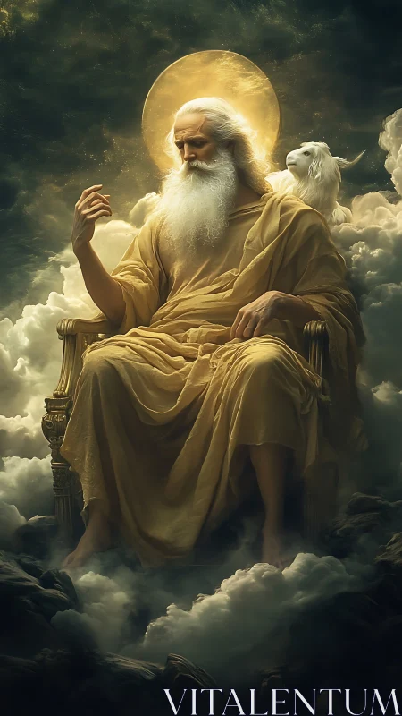 Digital painting of ethereal throne scene with haloed elder.