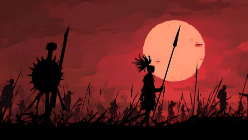 Warriors with spears silhouetted against large red sun.