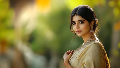 Graceful woman in saree glows softly in golden sunlight