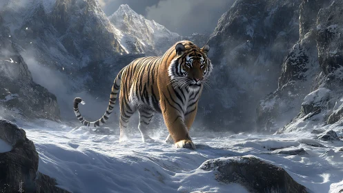 Solitary tiger advances through windswept alpine snowfield