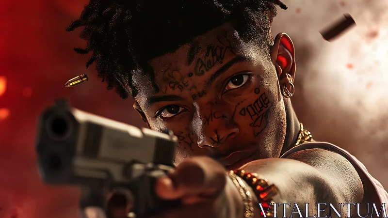 Close frontal view of armed figure with stylized face tattoos.