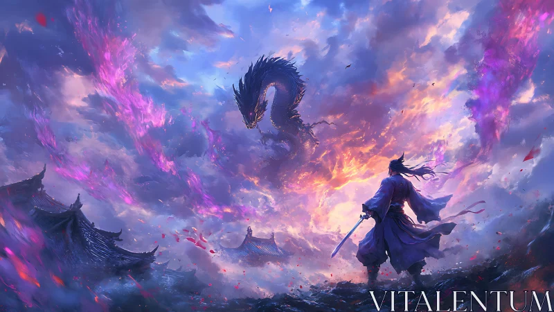 Samurai faces blazing sky dragon over burning temple grounds.