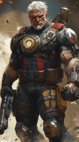 Battle-scarred space guardian strides through swirling firestorm.