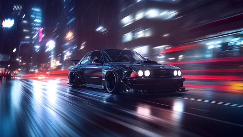 Midnight tuner coupe races through neon soaked city streets.