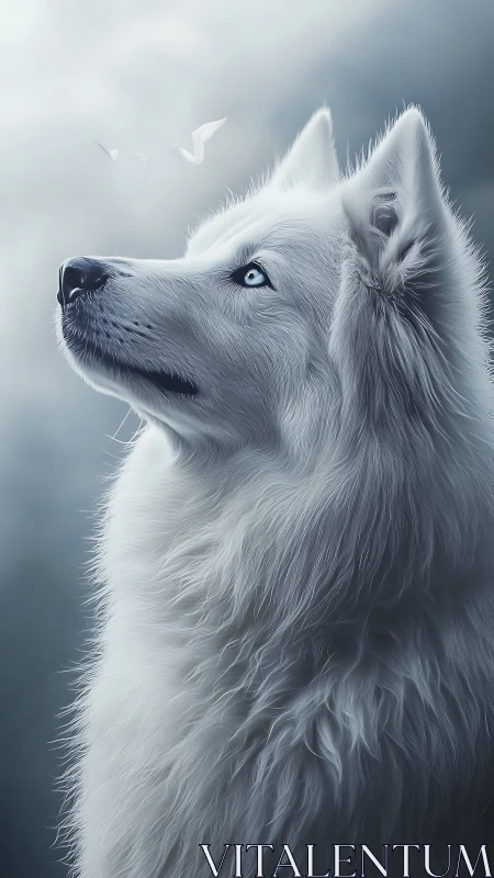 White wolf studies doves under cold ethereal light.