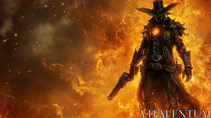 Pyroclastic gunslinger silhouette in infernal chromatic bloom.