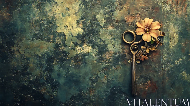 Antique metal key with floral ornament against corroded teal wall