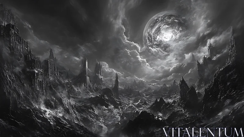 Shattered lunar abyss over desolate gothic wasteland.