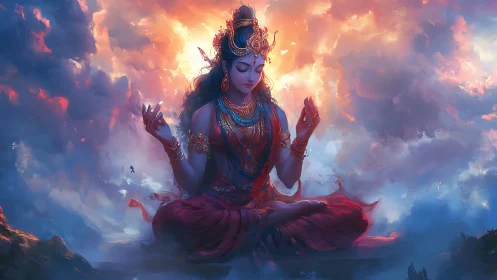 Divine goddess meditation amid radiant celestial clouds.