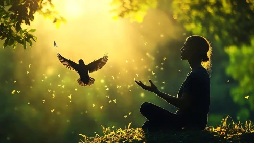 Sunlit meditation with a soaring bird and swirling fireflies.