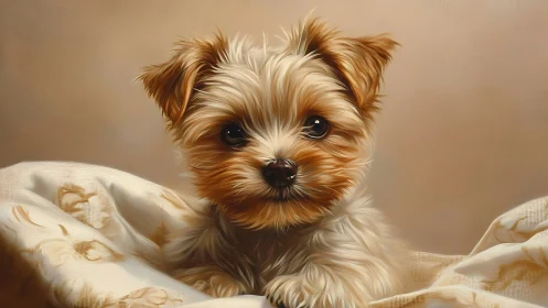 Velvet-eyed yorkie curled in sunlit blanket kingdom.