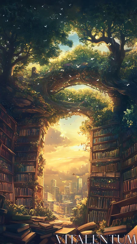 Sunlit forest library gateway frames distant modern city