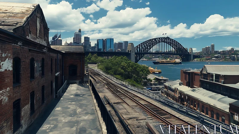 Weathered railway tracks lead toward a steel arch bridge