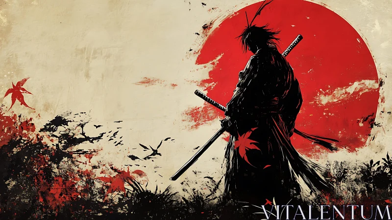 Silhouetted ronin before red rising sun, ink-splatter composition