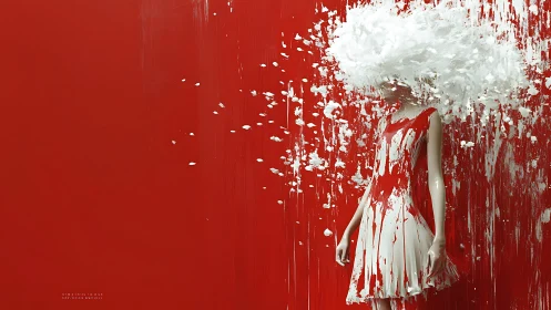 Crimson wall, porcelain girl, and the exploding paint storm.