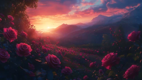 Sunlit rose valley under cinematic magenta dusk sky.