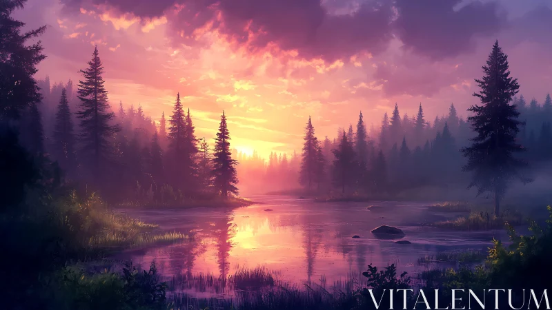 Luminous forest lake at sunrise under glowing violet sky.