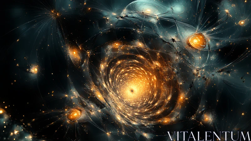 Spiraling golden galaxies glow in a dreamy cosmic vortex sky