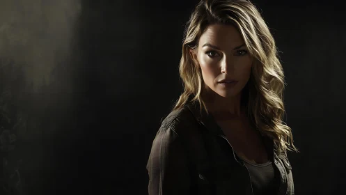 Confident woman emerges from moody shadows in dramatic portrait.