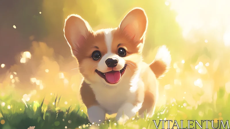 Digital corgi puppy illustration in sunlit grassy setting.