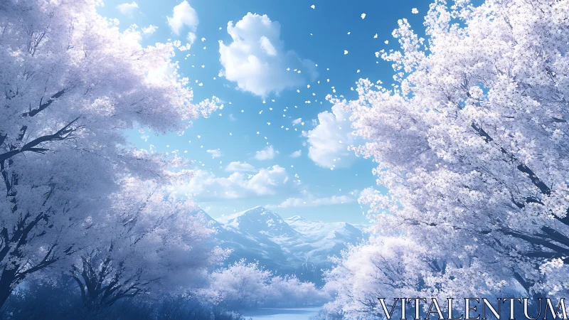 Snow covered cherry trees frame distant alpine mountains