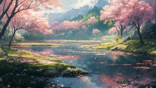 Serene mountain river with blooming pink cherry trees in spring