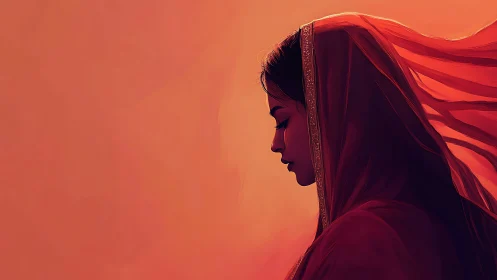 Silhouetted woman in red veil contemplates in warm evening light