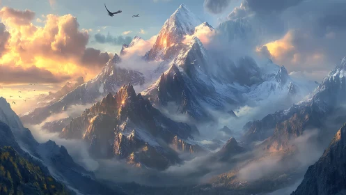 Sunrise over storybook peaks wrapped in drifting mist.