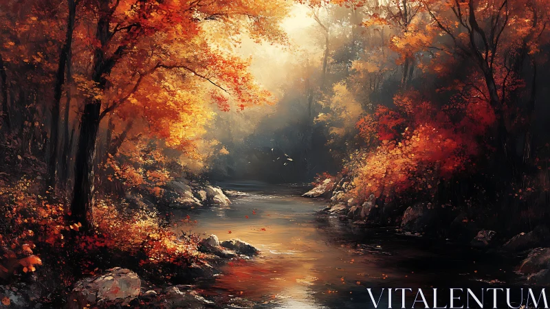 Golden autumn river glows beneath soft morning light.