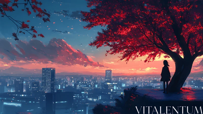 Silhouetted girl under crimson tree overlooking twilight city