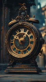 Vintage brass clock glowing softly in a dreamy old street.