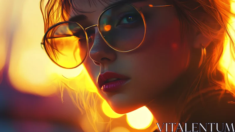 Sunset-lit rebel in molten gold glasses gazes back.