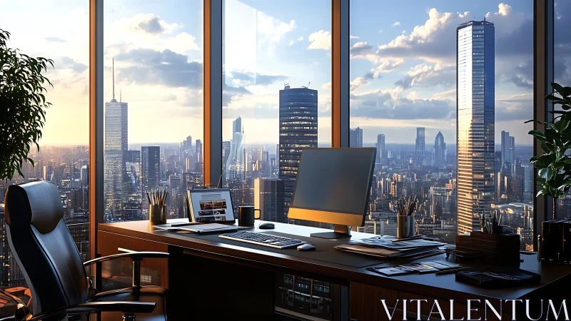 High-Rise Office Command Center Overlooking Manhattan Skyline.