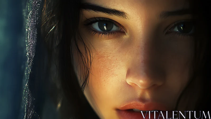 Photorealistic close-up portrait with intense green gaze.