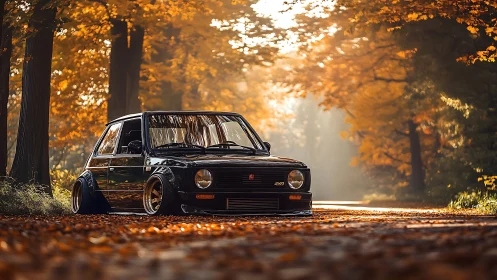 Lowered retro hatchback rests on a golden autumn forest road