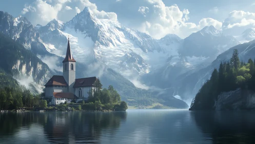 Lakeside alpine church with steep spire under snowcapped massif