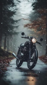Vintage motorcycle on wet forest road during snowfall.